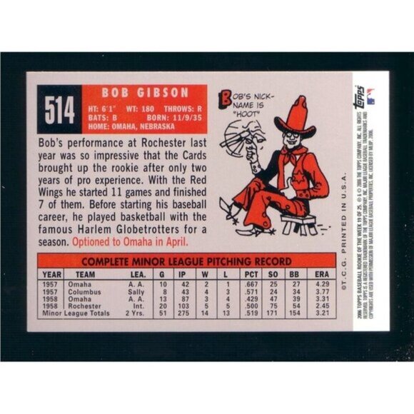 Bob Gibson 2006 Topps 1959 Rookie Card REPRINT #514 - Picture 2 of 2